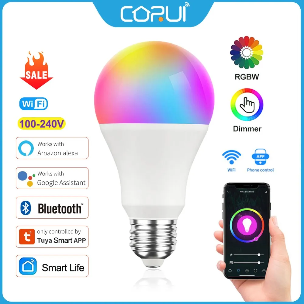 Tuya WiFi E27 Smart Dimmable Bulb RGBCW 100-240V LED Light Smart Life App Control Support Alexa Google Home Alice