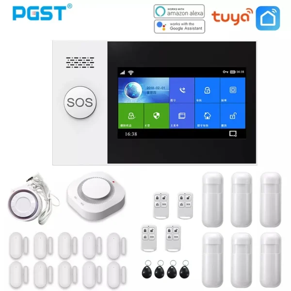 PGST PG107 Tuya Alarm System 4.3 inch Screen WIFI GSM GPRS Burglar Home Security With PIR Motion Sensor Fire Smoke Detector