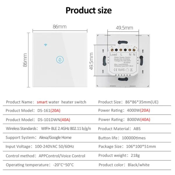 Tuya Smart Wifi Water Heater Boiler Touch Switch 220V Air Conditioner Light Timing EU for Alexa Google Home 20A/40A Switches - Image 5