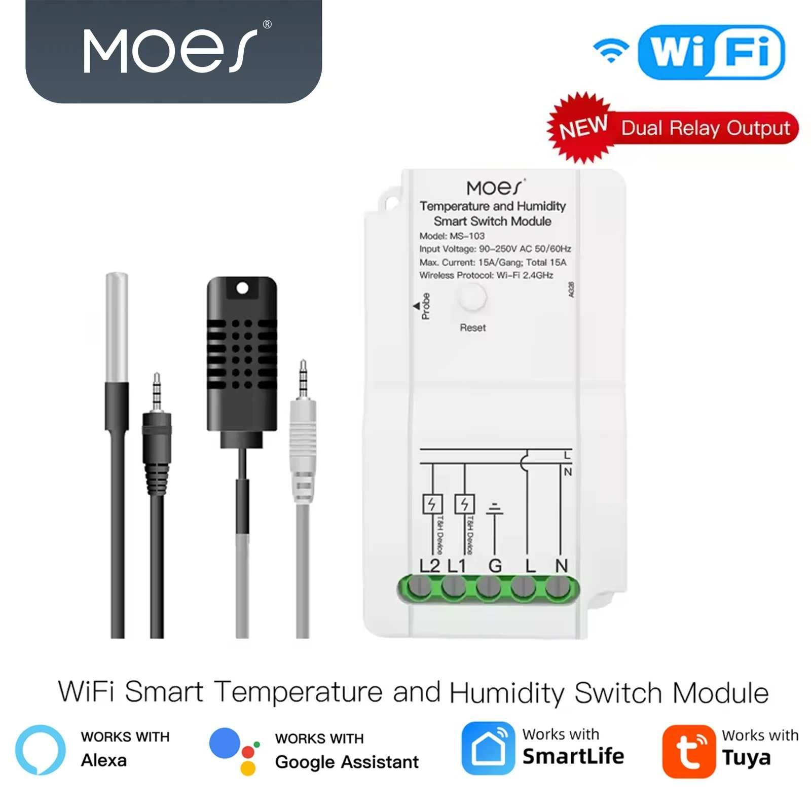 Moes Tuya WiFi Smart Temperature Humidity Switch Module Sensor Dual Relay Smart Life App Wireless Controller For Alexa Google